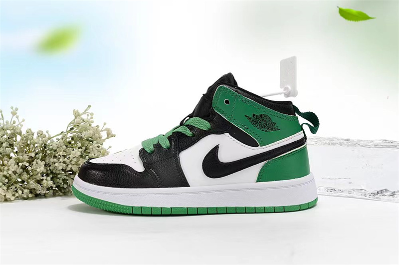 Youth Running Weapon Air Jordan 1 Black/White/Green Shoes 0134